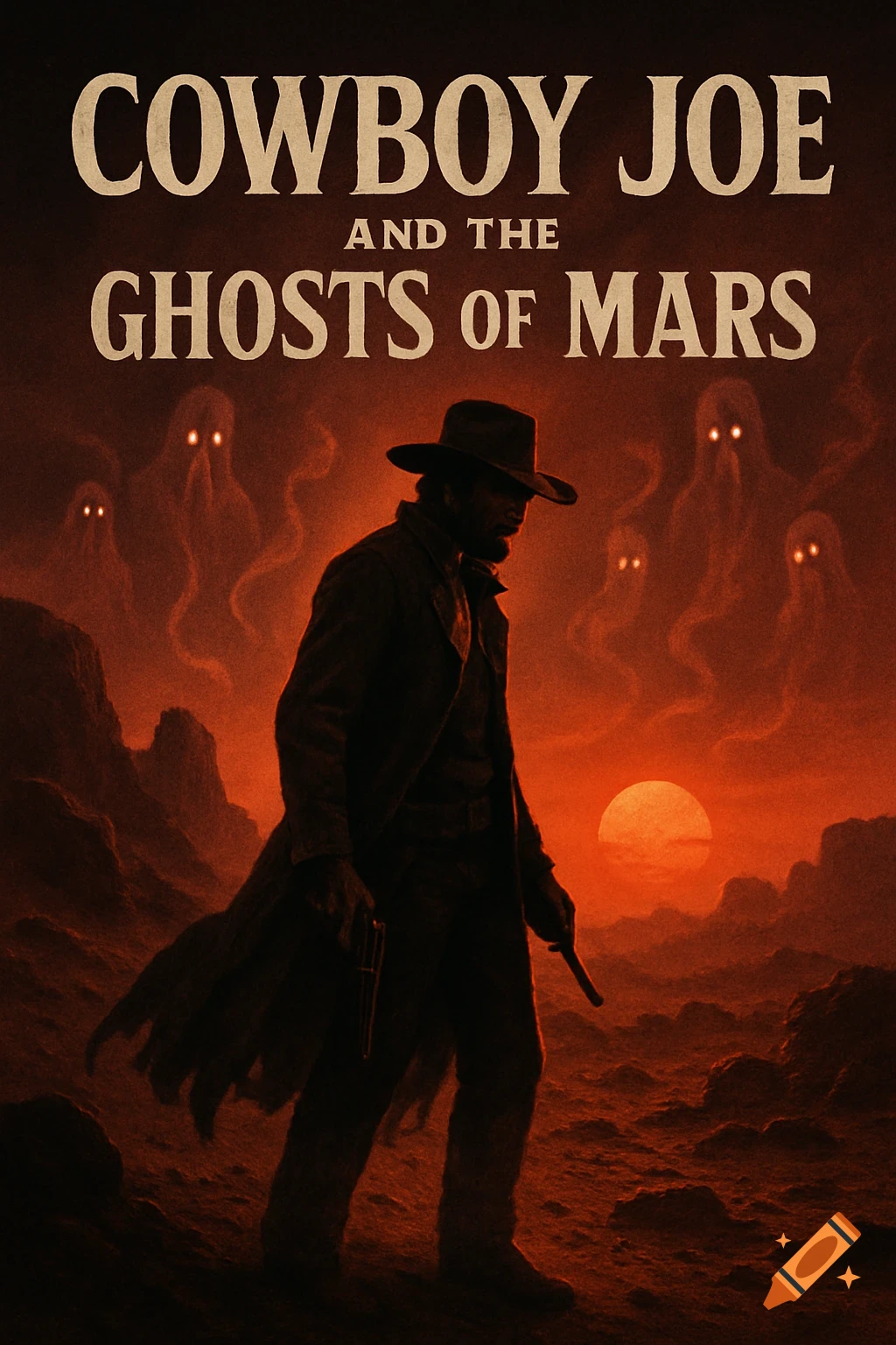 Movie poster for 'Cowboy Joe and the Ghosts of Mars' featuring a cowboy and spectral figures on a red alien landscape.