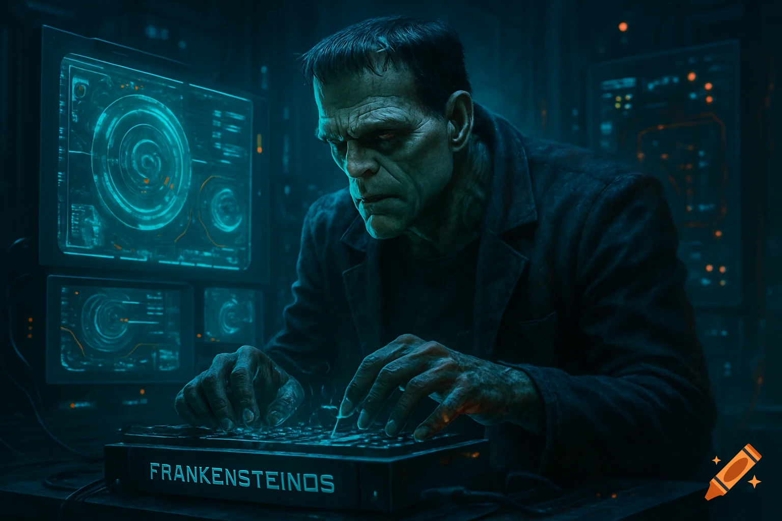 Frankenstein's monster typing on a glowing futuristic computer in a dark, tech-filled room, with 'FRANKENSTEINOS' on the keyboard.