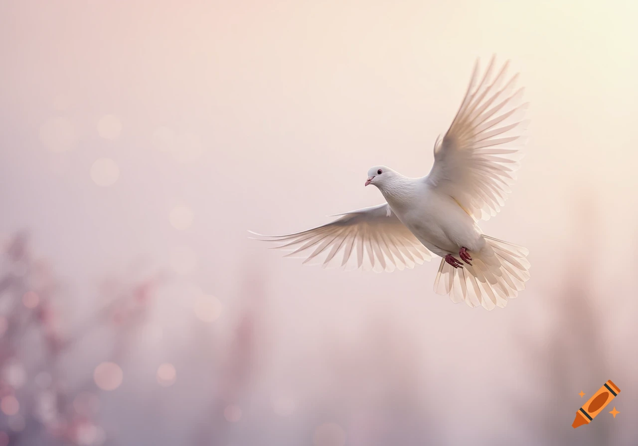 A white dove flies with wings spread against a soft, blurry pink and purple background with bokeh lights.