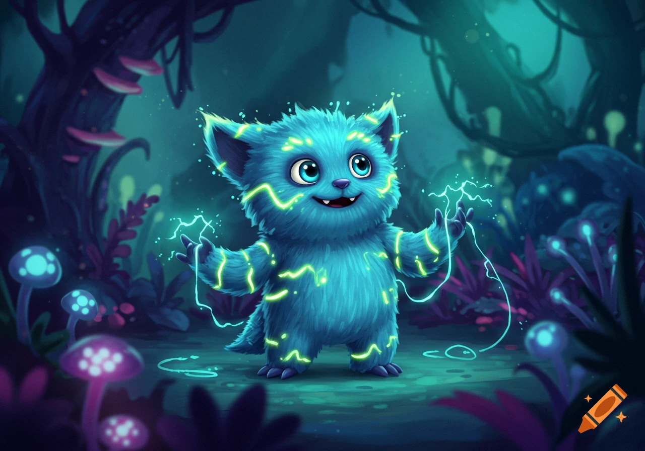 A fluffy blue monster creature with glowing green lightning marks on its fur stands in a dark fantasy forest with bioluminescent plants.