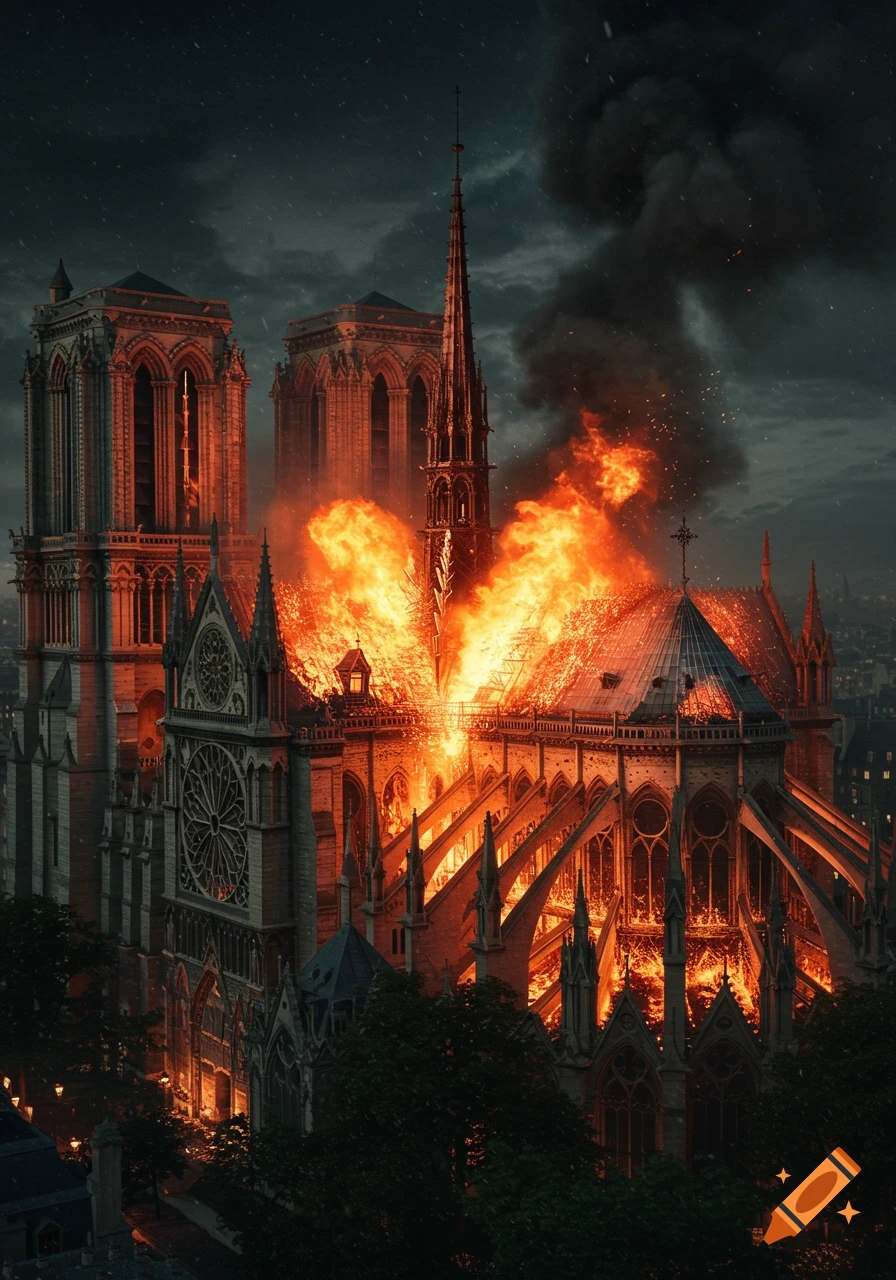 Photorealistic image of Notre-Dame Cathedral engulfed in flames and smoke against a dark, stormy sky at night.