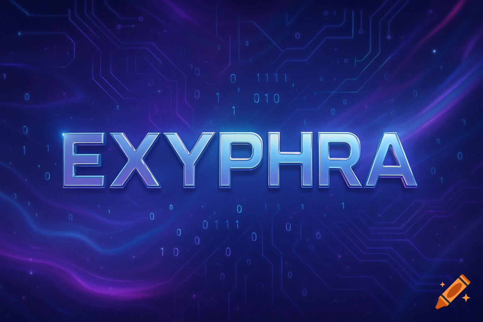 Shiny metallic 'EXYPHRA' text against a dark blue and purple background with glowing circuit board patterns and binary code.