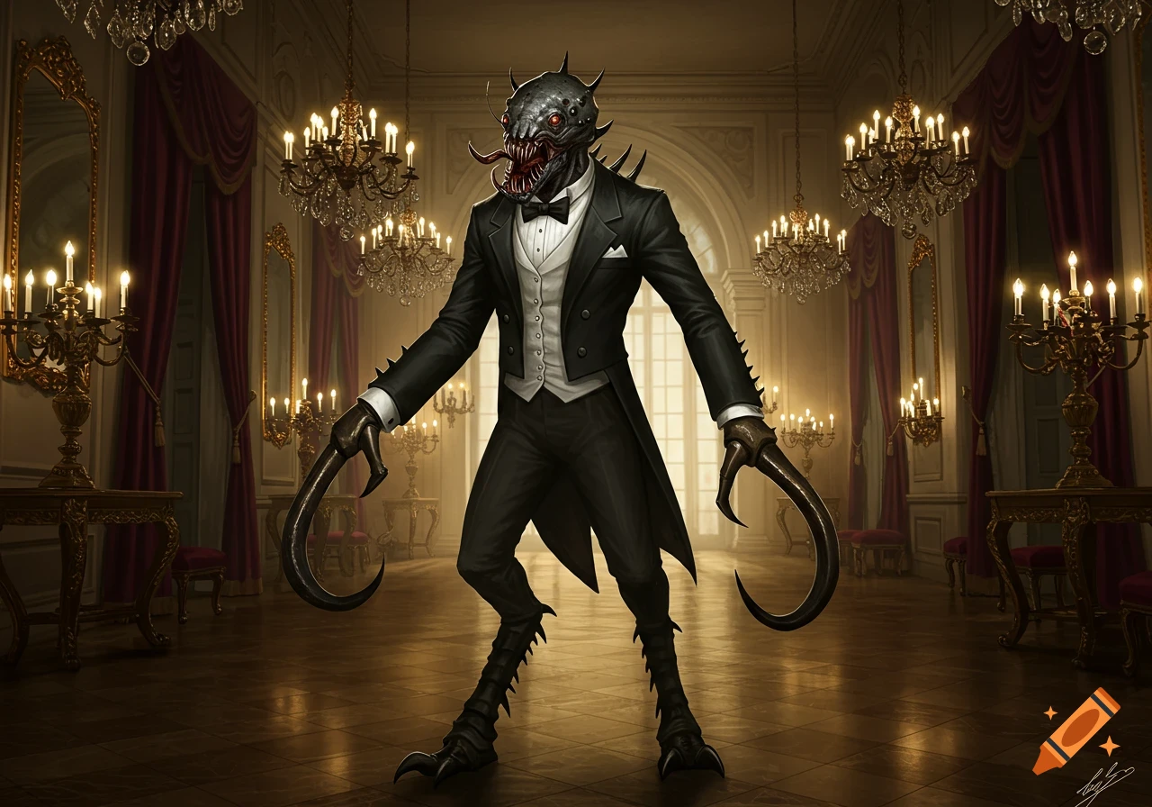 A monstrous, spiky creature in a black tuxedo with large claws and a fanged mouth stands in a grand ballroom.