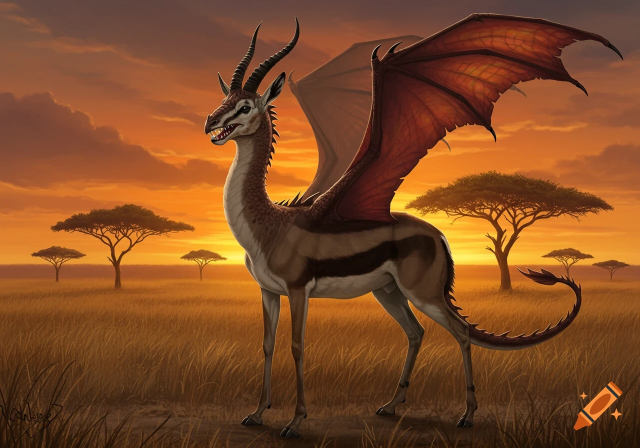 A gazelle-dragon hybrid with red wings, sharp teeth, and scaled back stands in a golden savanna at sunset with acacia trees.