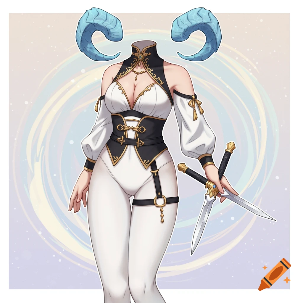 A stylized fantasy character, headless, with blue ram-like horns, wearing a white and black outfit with gold accents and white tights, holding two daggers.