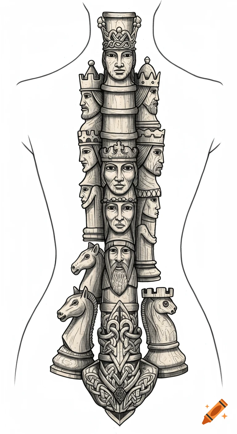 A line art tattoo design depicting a stack of ancient, carved chess pieces forming a spinal column, on a white background.