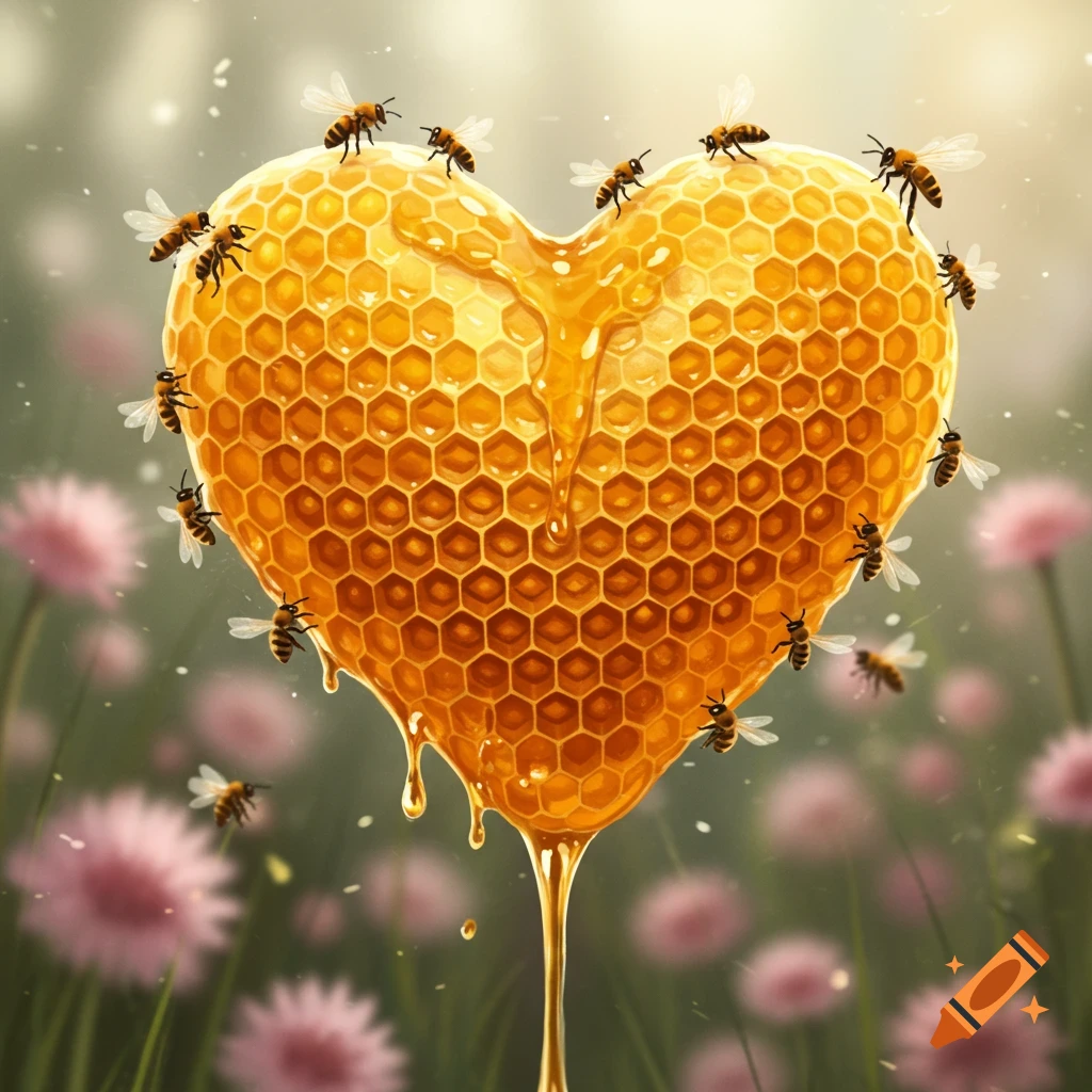 A heart-shaped golden honeycomb, dripping with honey, swarmed by bees in a soft-focus field of pink flowers.