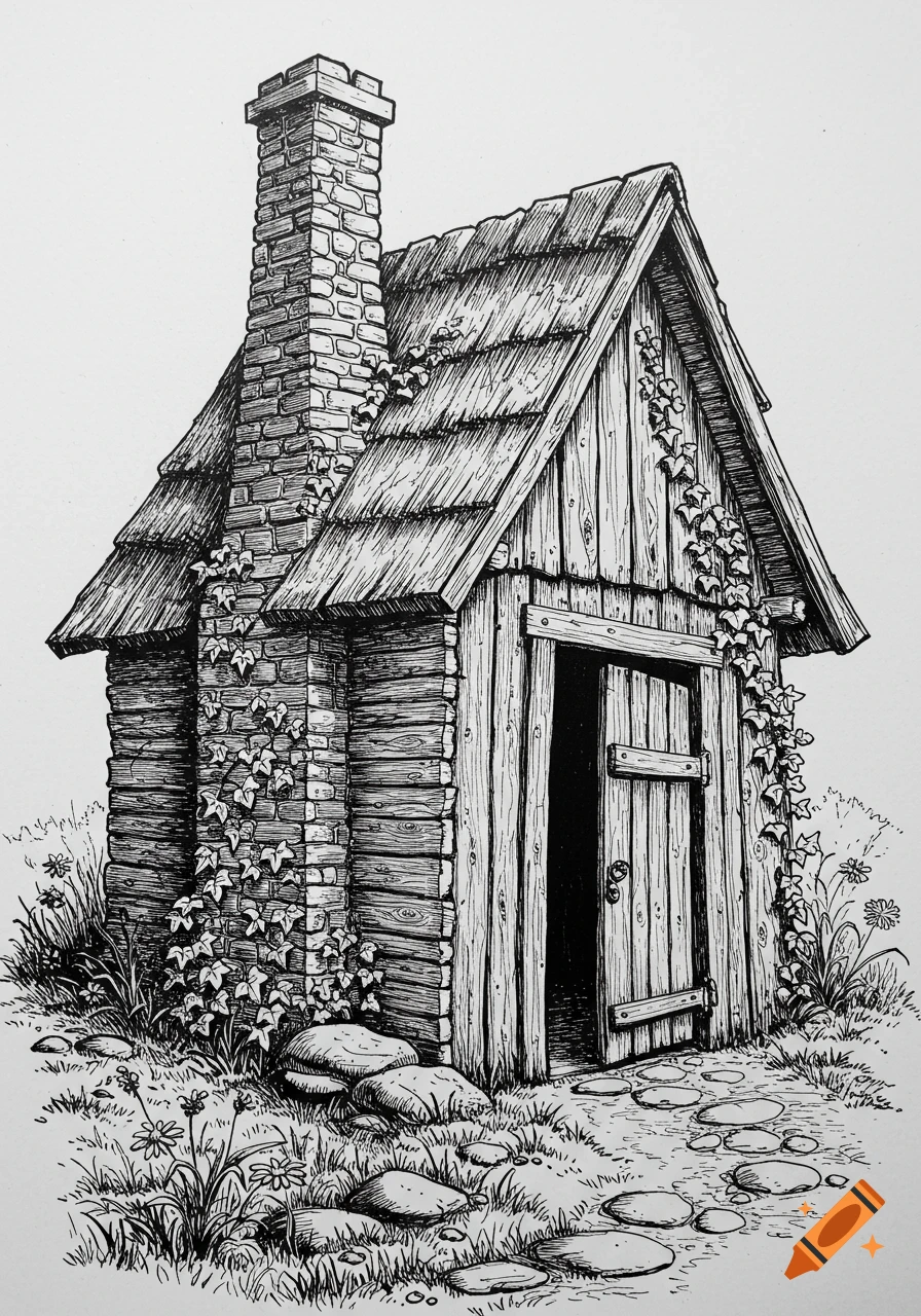 Black and white line engraving of a small, old rustic wooden shed with a stone chimney and vines, surrounded by grass and stones.