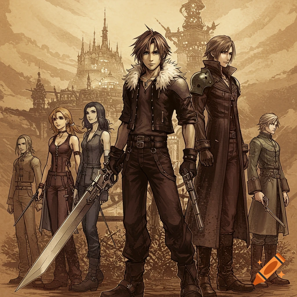 A group of six stylized, sepia-toned fantasy characters, men and women, stand before a large, intricate castle and structures.