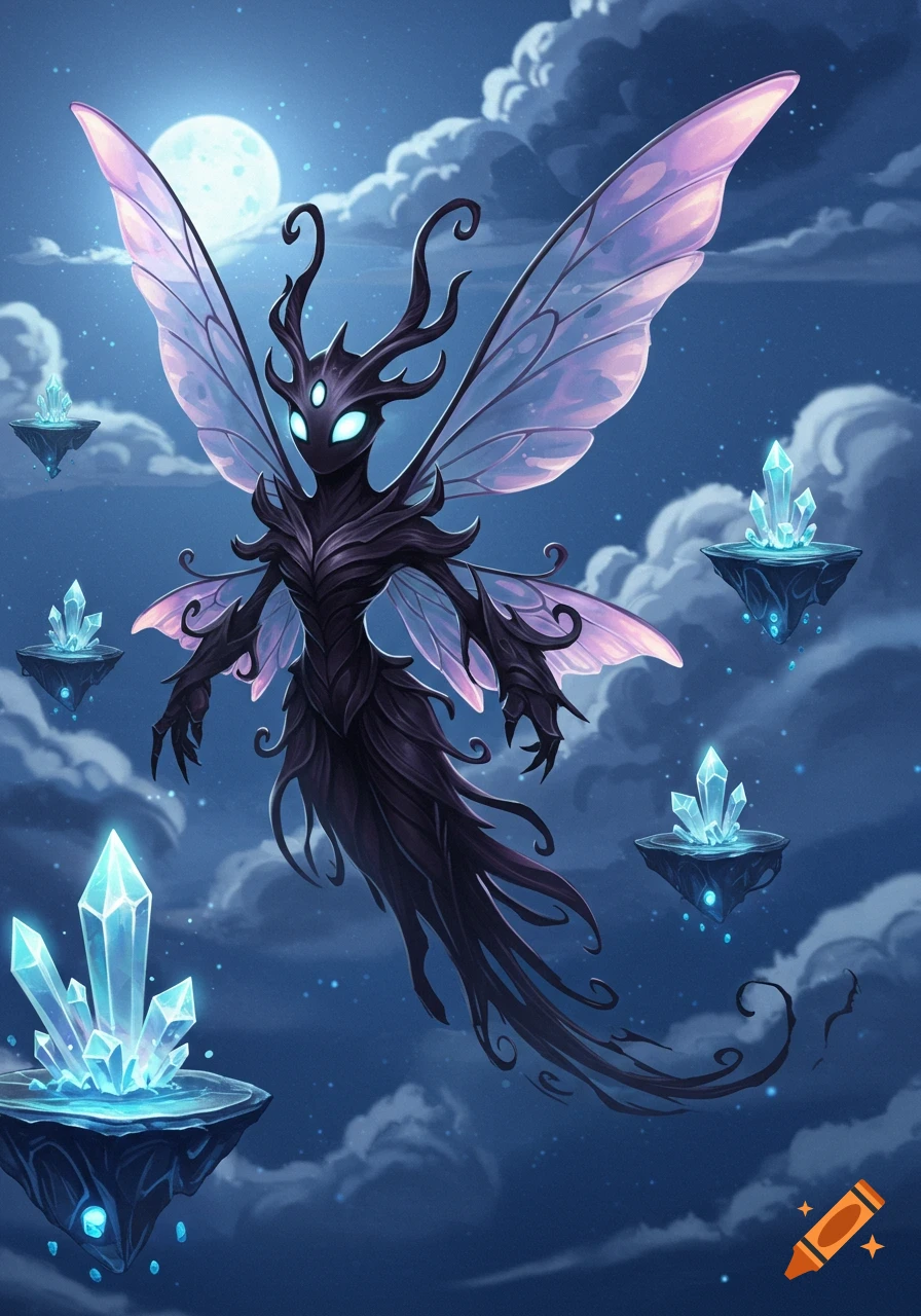 A dark, ethereal fairy-like creature with glowing eyes and translucent wings flies under a full moon, surrounded by floating crystal islands.