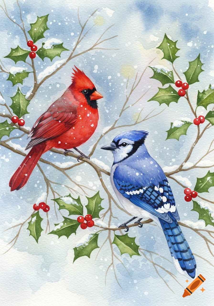 Watercolor painting of a red cardinal and a blue jay perched on snowy holly branches with red berries.