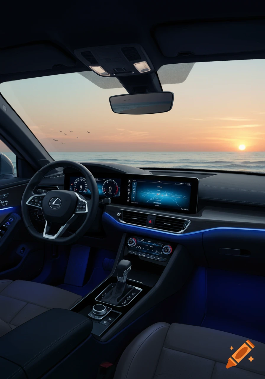 View from inside a modern car at sunset over the ocean, featuring a blue-lit dashboard, steering wheel, and navigation screen.