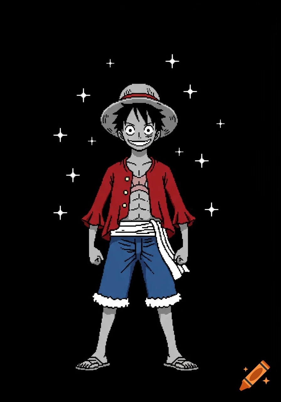 Pixel art of Luffy from One Piece in Undertale style, smiling, wearing a red shirt and blue shorts, with white pixel stars on a black background.