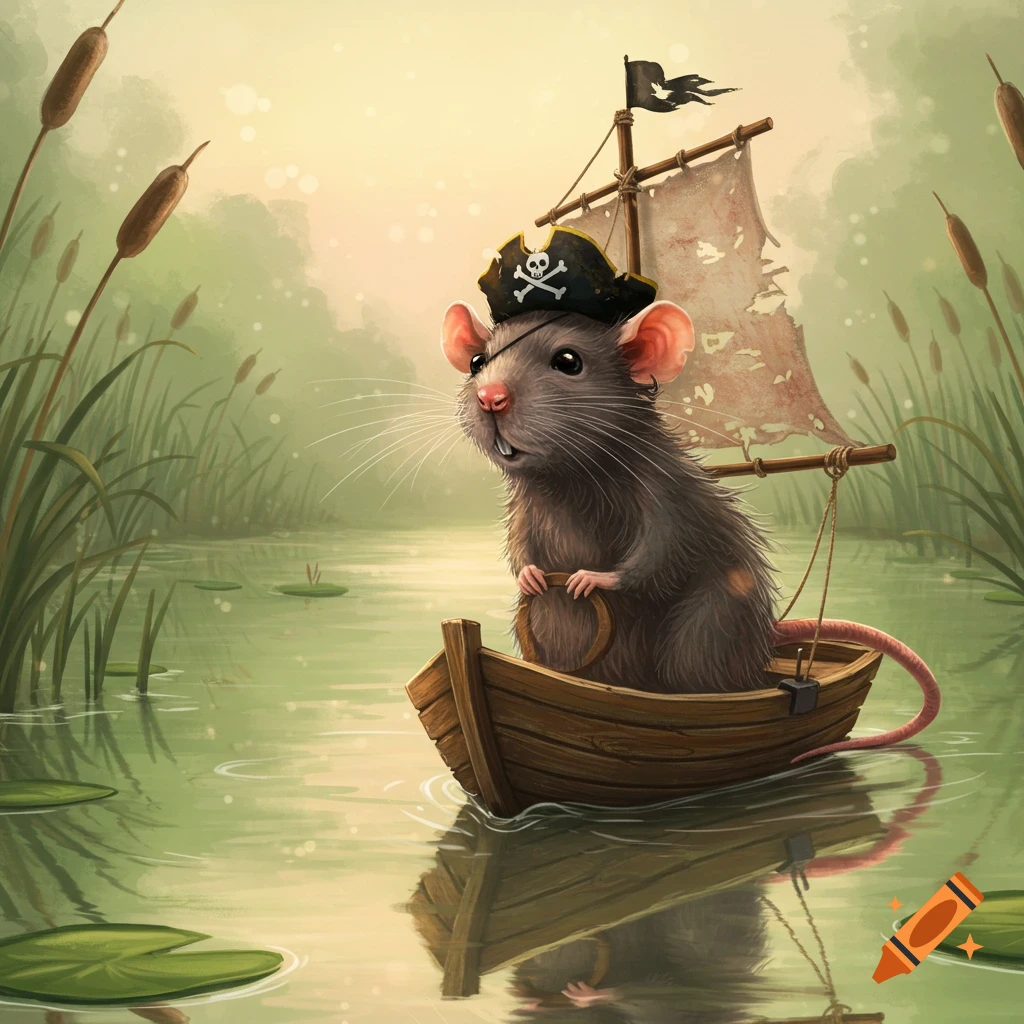 A whimsical illustration of a pirate rat in a small wooden boat on a reedy swamp.