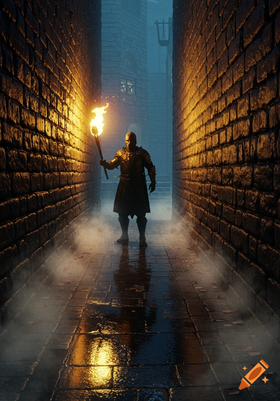 An armored warrior holds a flaming torch in a dark, foggy medieval stone alley with wet cobblestones reflecting the light. Fantasy art.