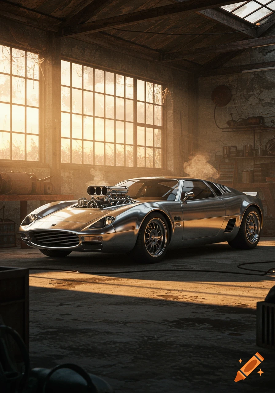 A sleek, silver sports car with a supercharger on the hood is parked in a dusty, sunlit old garage.