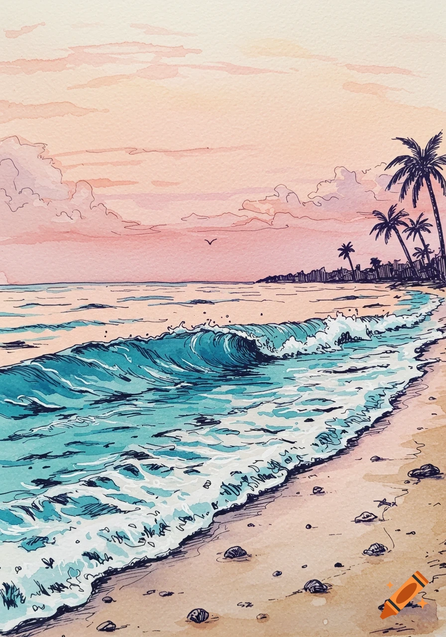 A colorful watercolor illustration of a beach at sunset with rolling waves and palm trees.