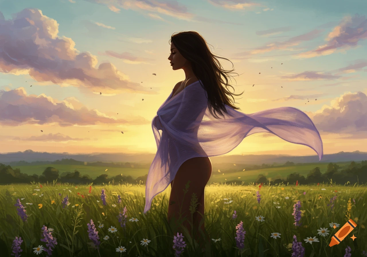 A painterly illustration of a woman in a flowing sheer garment, standing in a flower meadow at sunset.