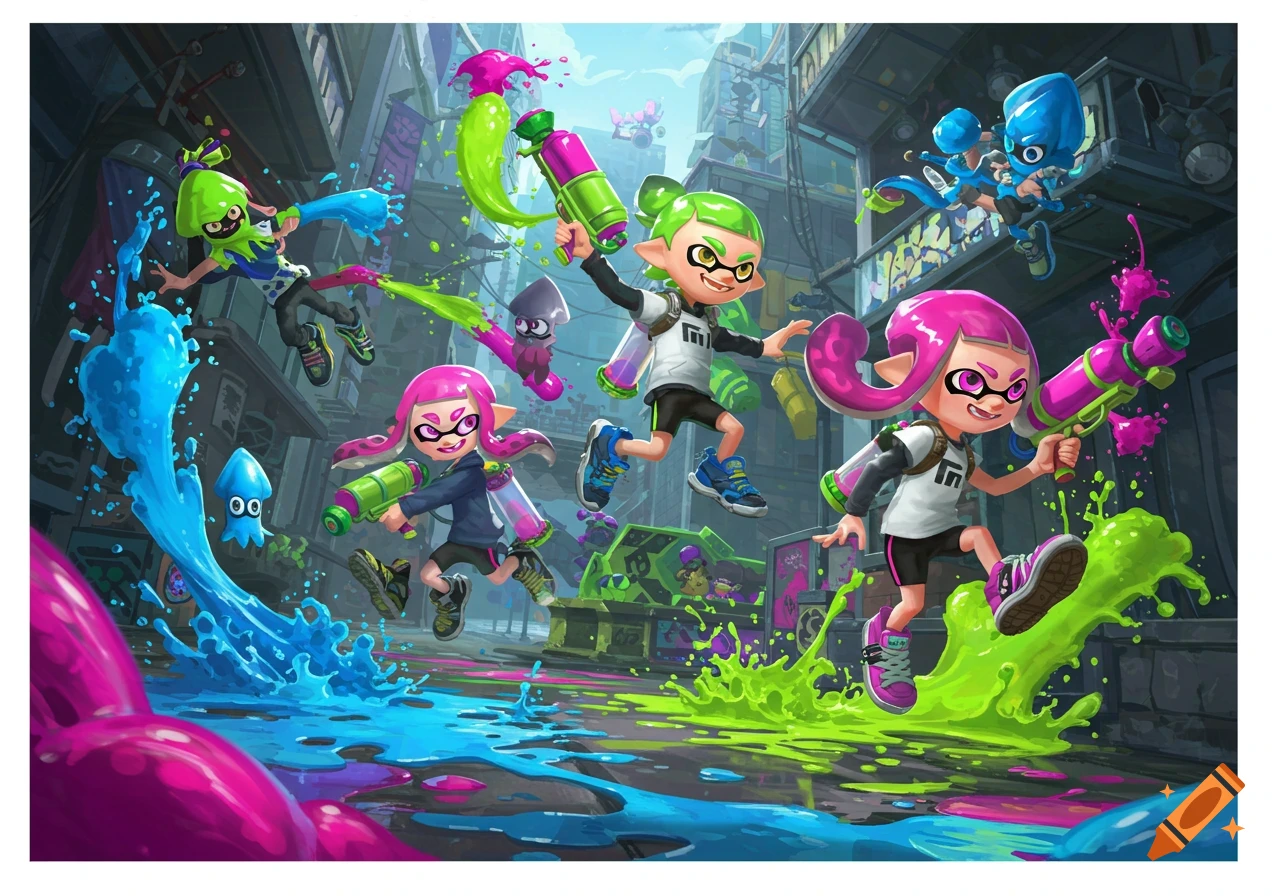 Vibrant cartoon image of multiple Splatoon characters engaged in an ink battle with ink guns, splashing pink, green, and blue ink in a city.