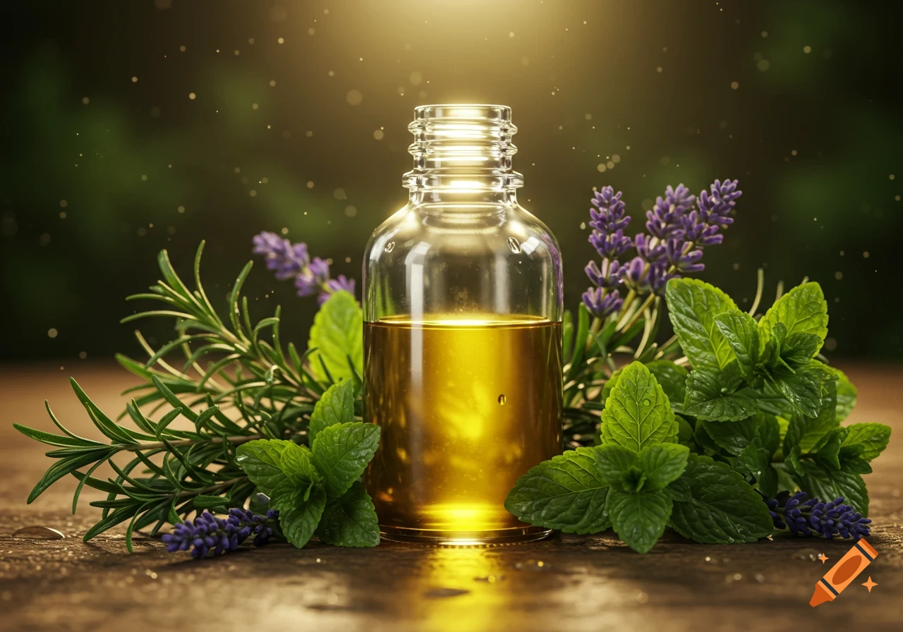 A photorealistic image of an essential oil bottle surrounded by lavender, rosemary, and mint on a wooden surface with soft light.