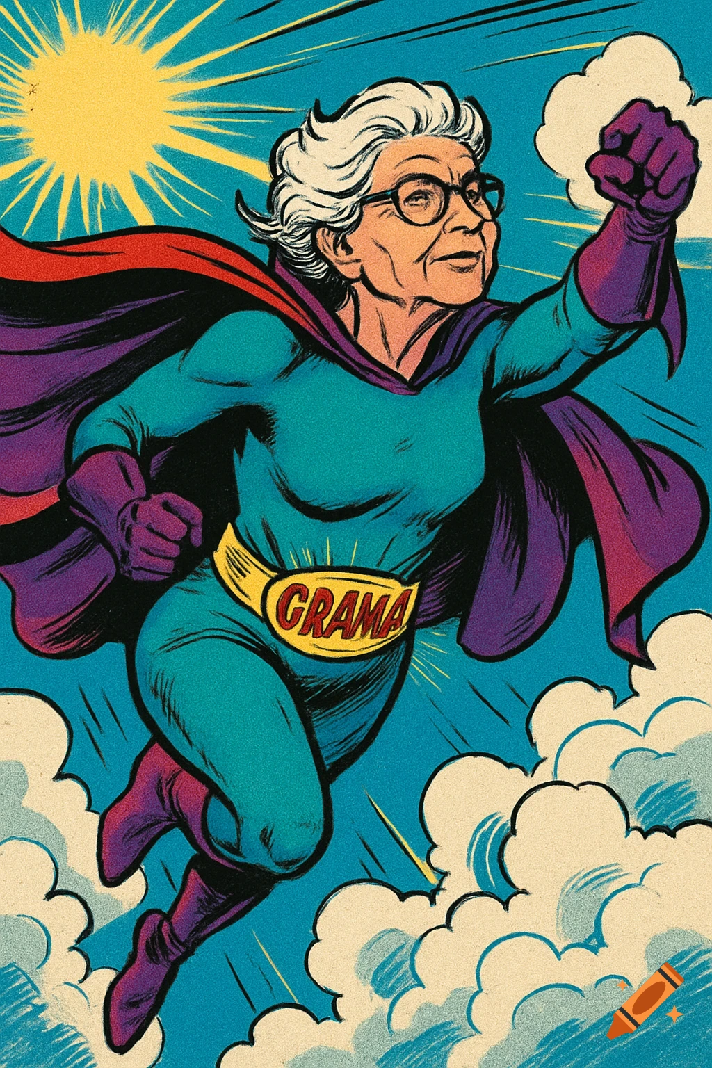 A flying superhero grandmother in a teal and purple suit with a cape, clouds, and bright sun, in vintage comic book style.