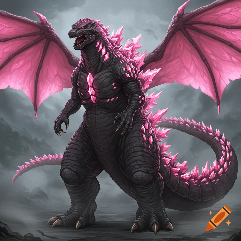 A dark gray Godzilla-like monster with large pink crystal spikes on its back and tail, and pink dragon wings, stands on a rocky landscape.