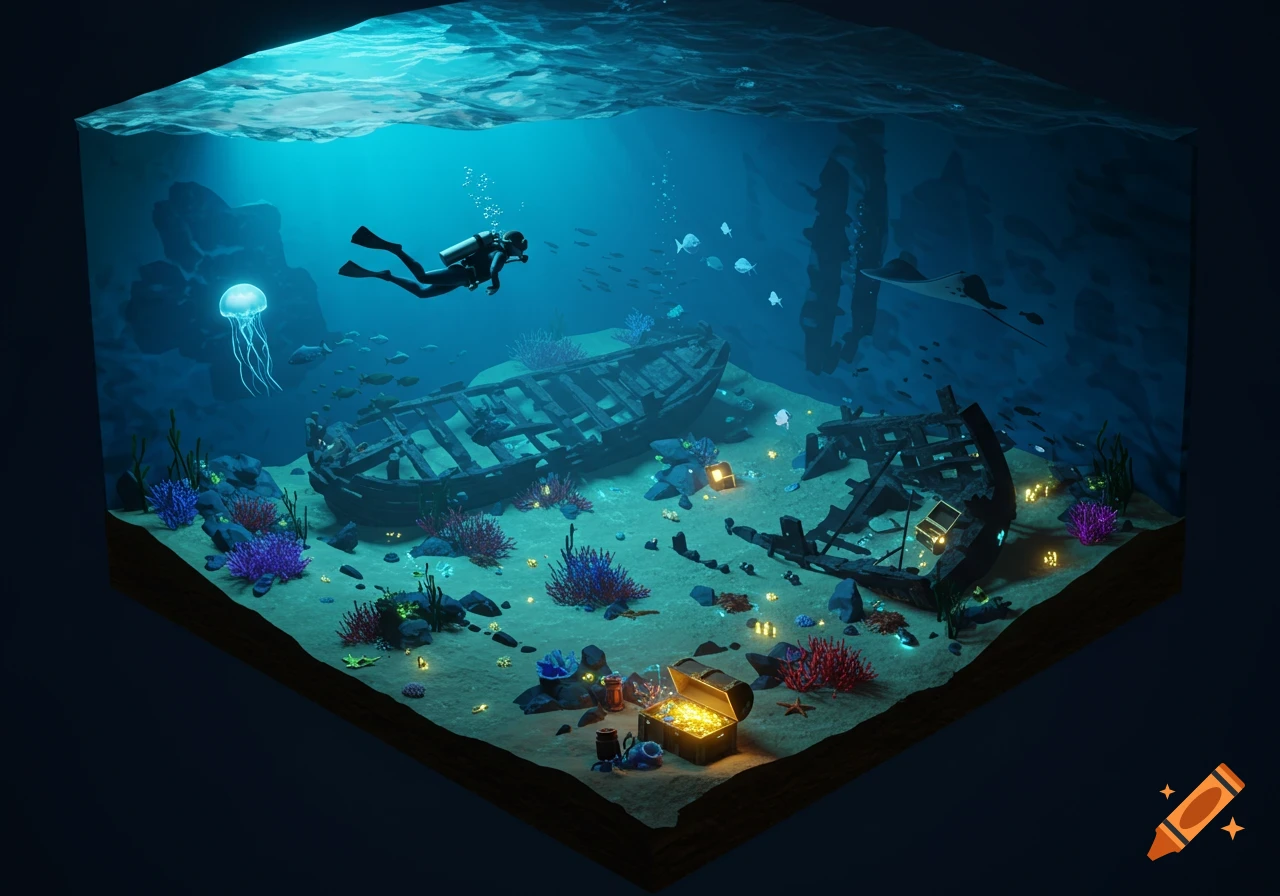 An isometric digital art rendering of an underwater scene with a diver, shipwrecks, glowing coral, and a treasure chest.