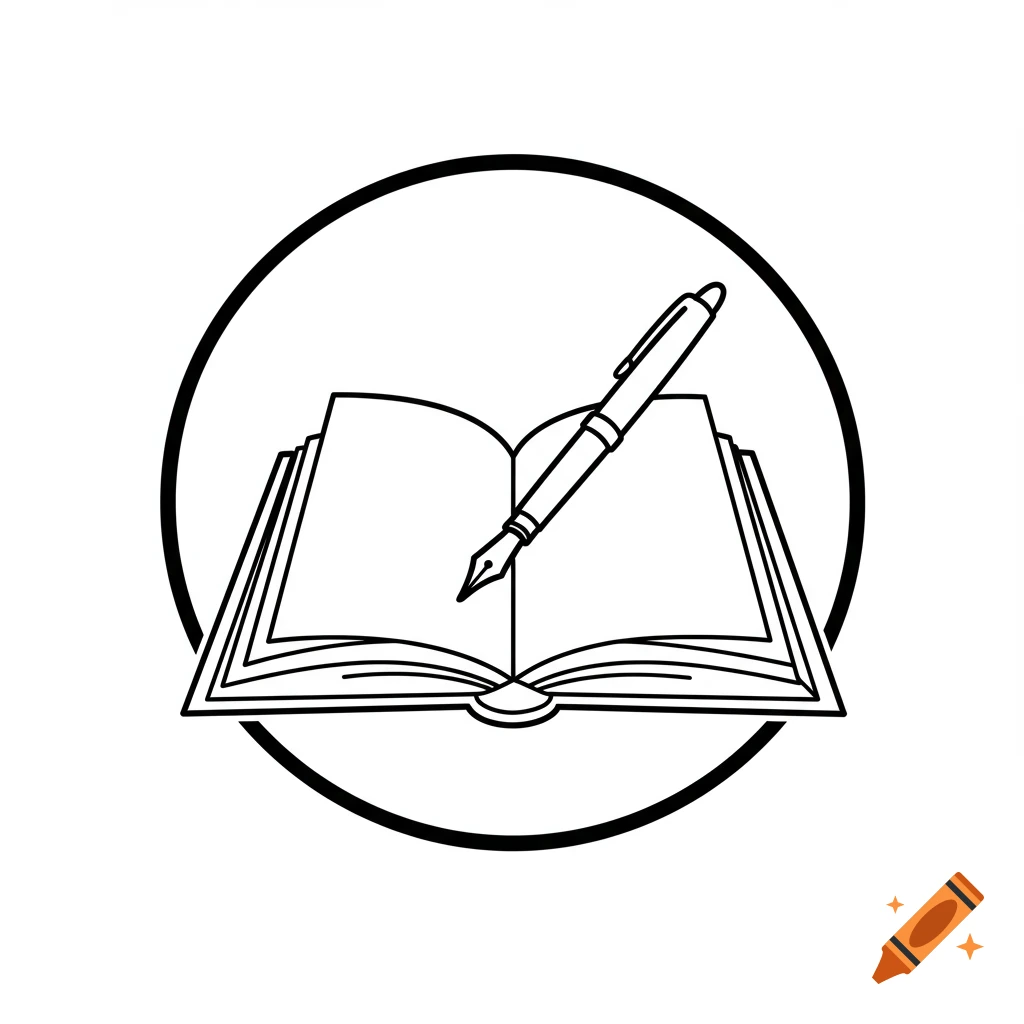 Black outline drawing of an open book with a fountain pen resting on its pages, all enclosed within a circle on a white background.