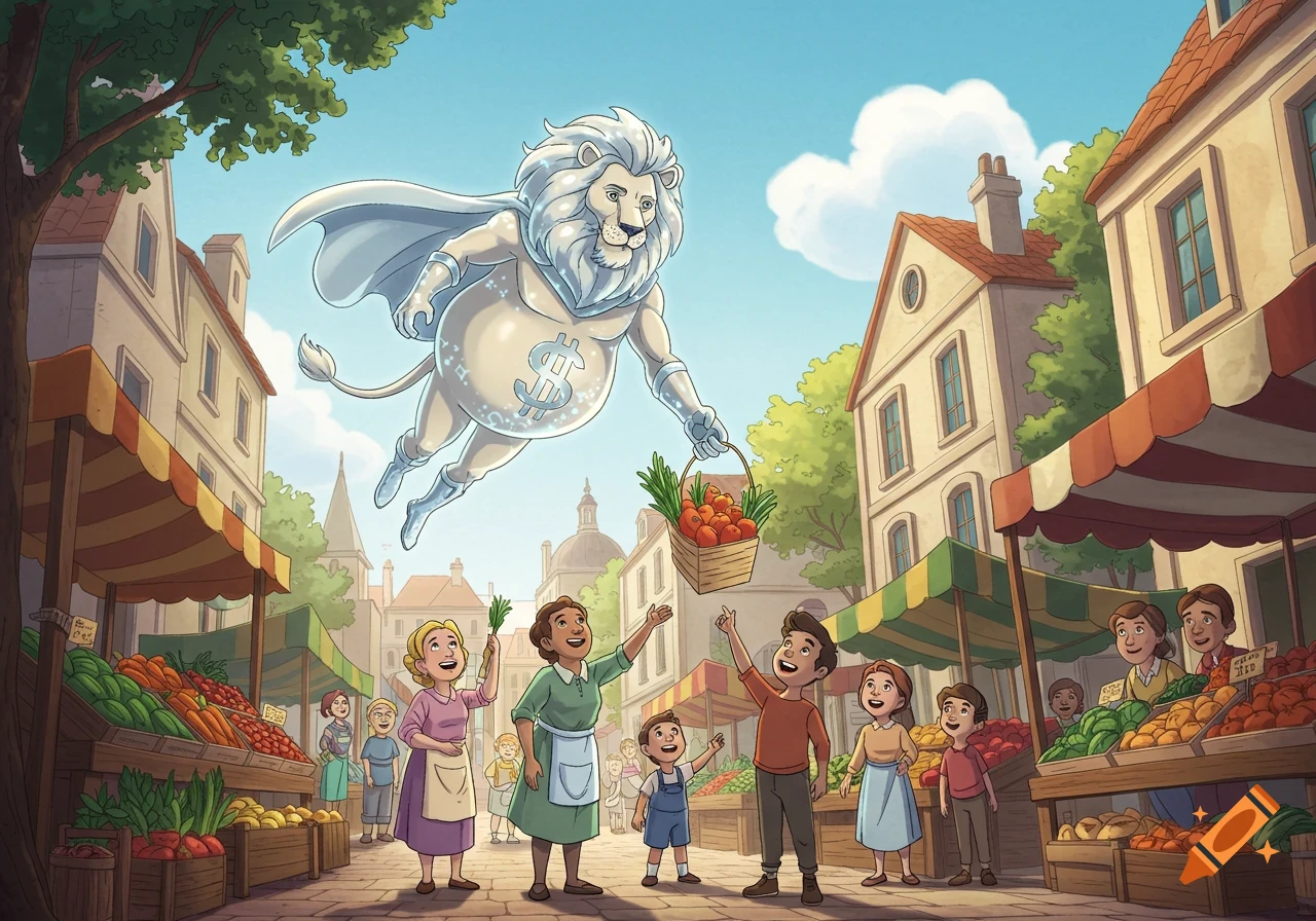 A superhero lion flies over a bustling market, delivering a basket of vegetables to cheerful people below, in a colorful cartoon style.