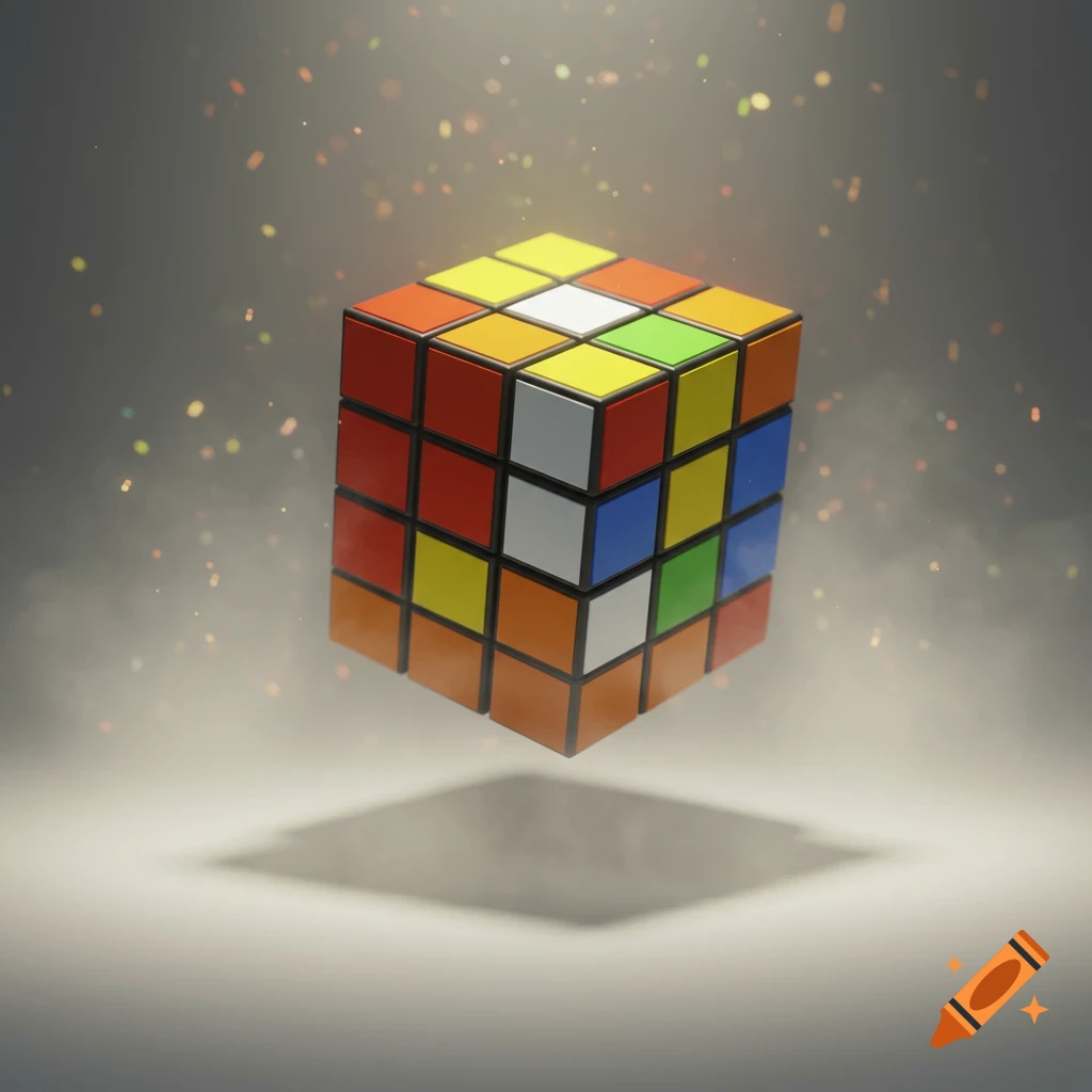 A colorful Rubik's Cube floats in a misty, sparkling environment, casting a shadow.