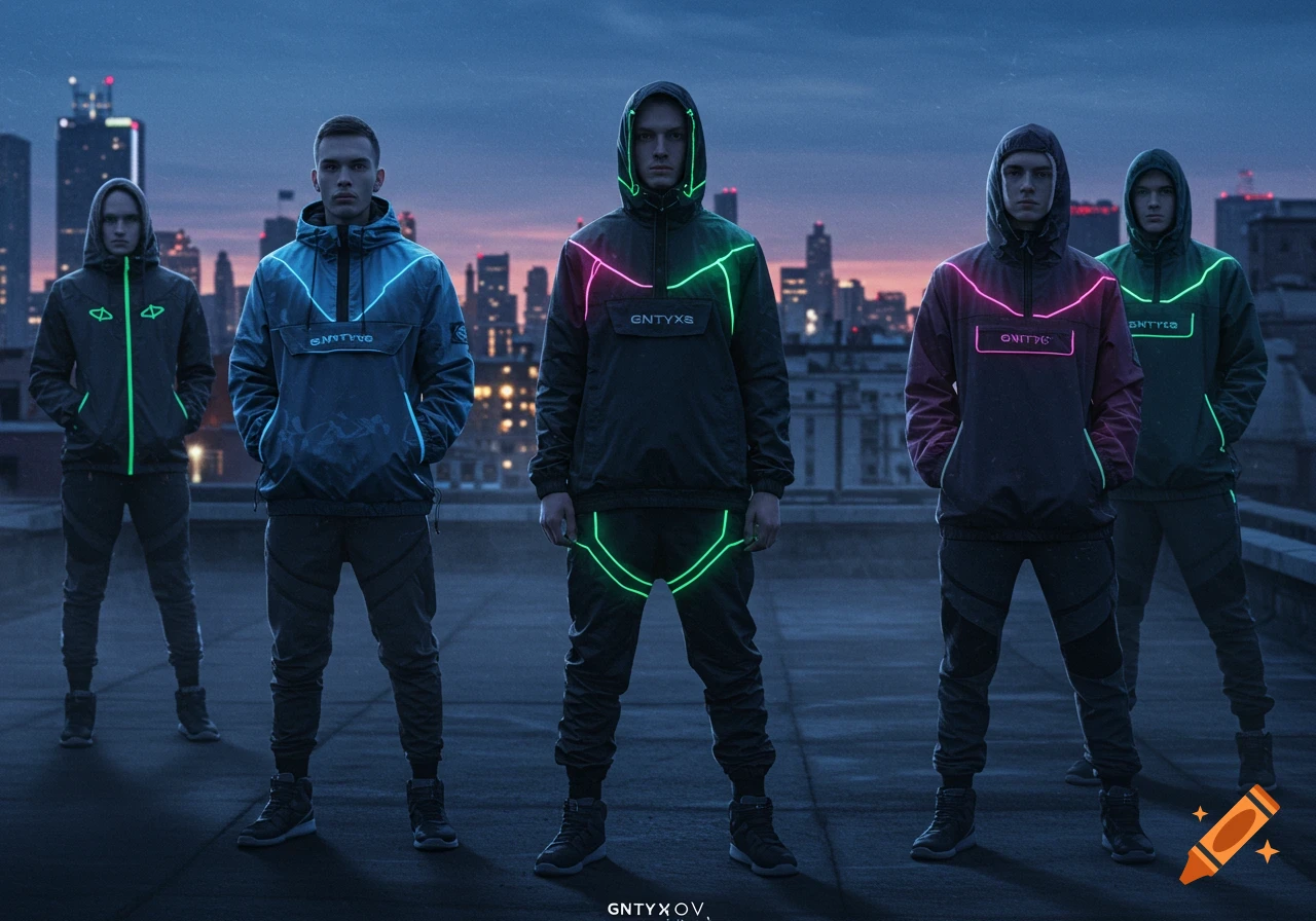 Five men in futuristic black and neon-accented streetwear jackets and pants stand on a city rooftop at dusk, with a cityscape in the background.