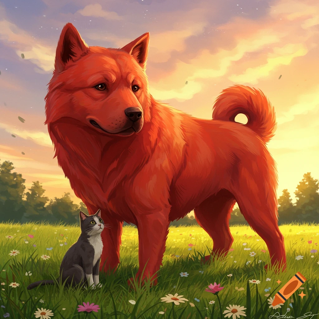 A huge red dog stands next to a small grey and white cat in a field of wildflowers under a vibrant sunset. Digital art.