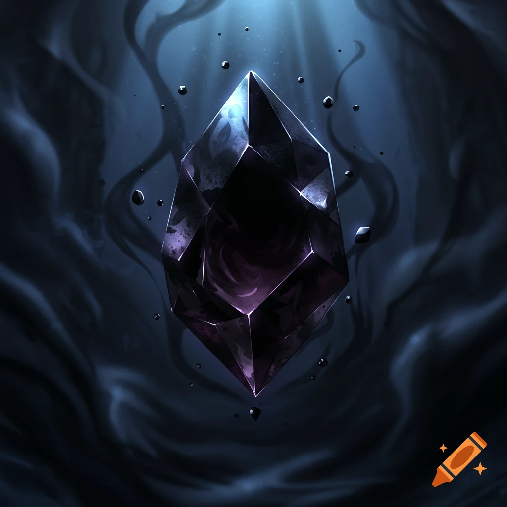 A dark, multifaceted purple crystal glows faintly, floating in a shadowy, smoky environment with light rays.