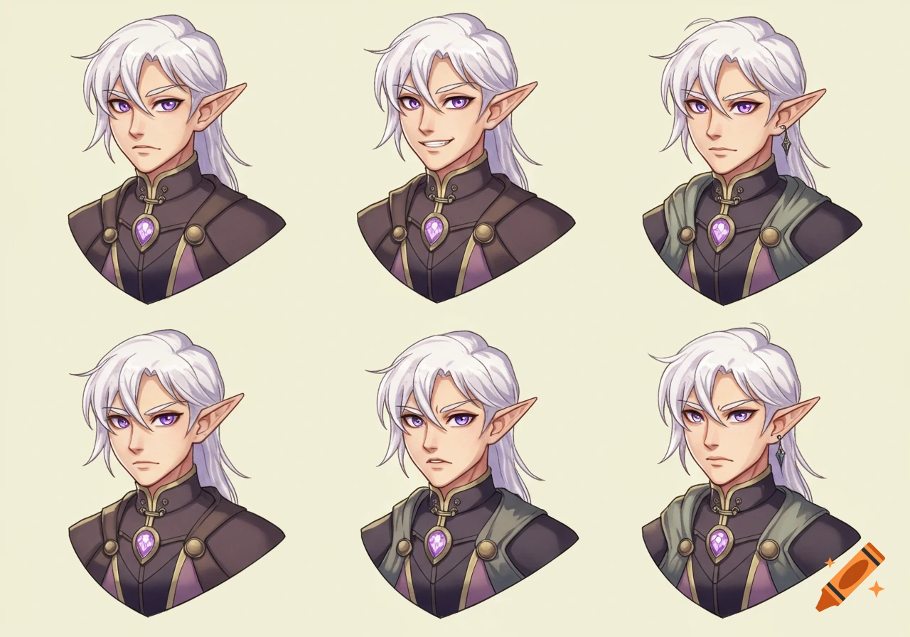 Six anime-style portraits of a young elf with white hair and violet eyes, showing different expressions and clothing.