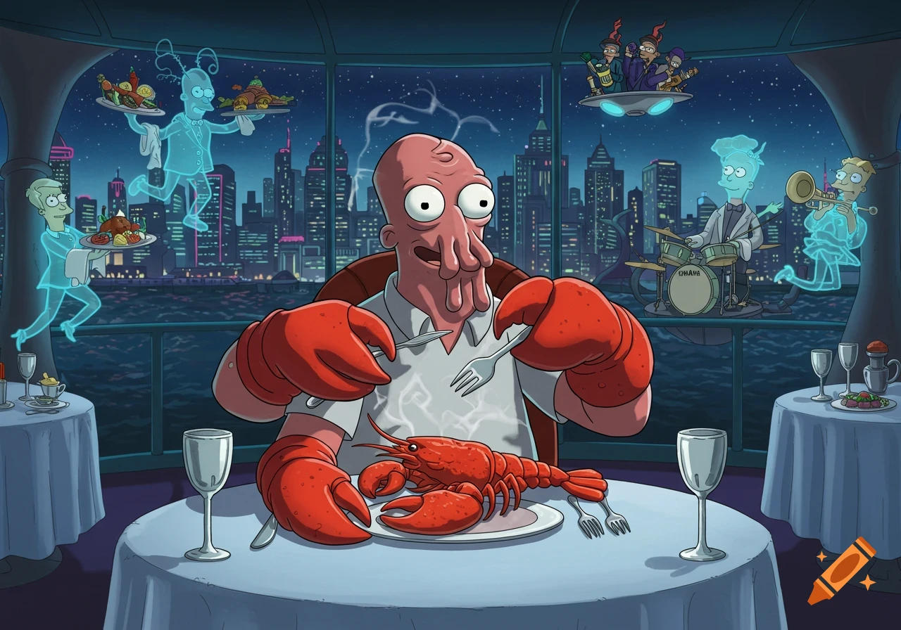Zoidberg from Futurama, with lobster claws, is about to eat a lobster in a fancy restaurant with ghost waiters and a cityscape at night.