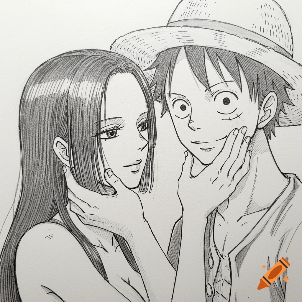 A black and white sketch of Hancock gently caressing Luffy's face, both characters looking at each other closely.