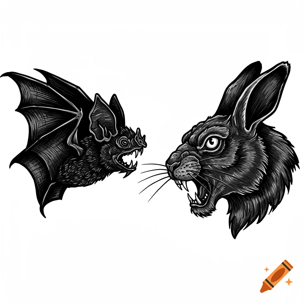 A black and white linocut style illustration of an angry bat facing an angry rabbit.