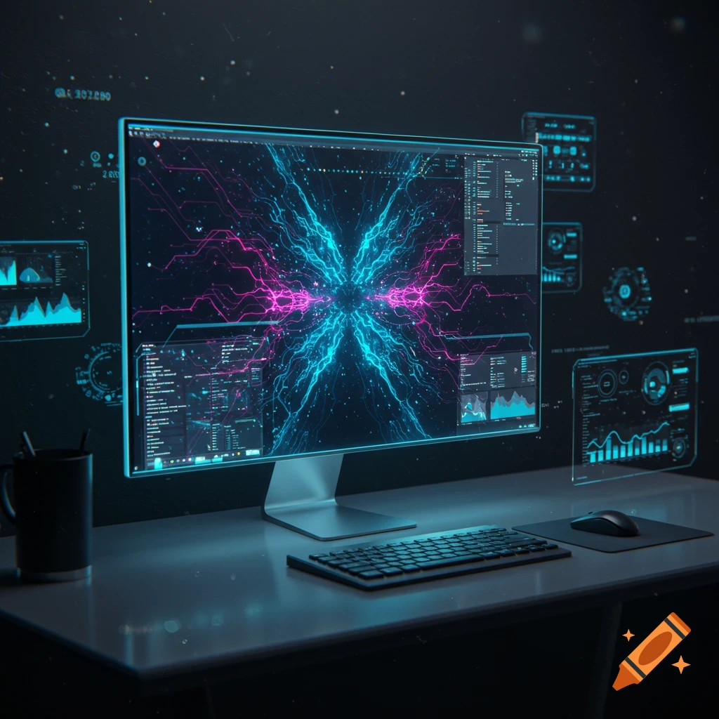 A computer monitor displays glowing blue and pink digital patterns and data dashboards, keyboard and mouse on a desk.