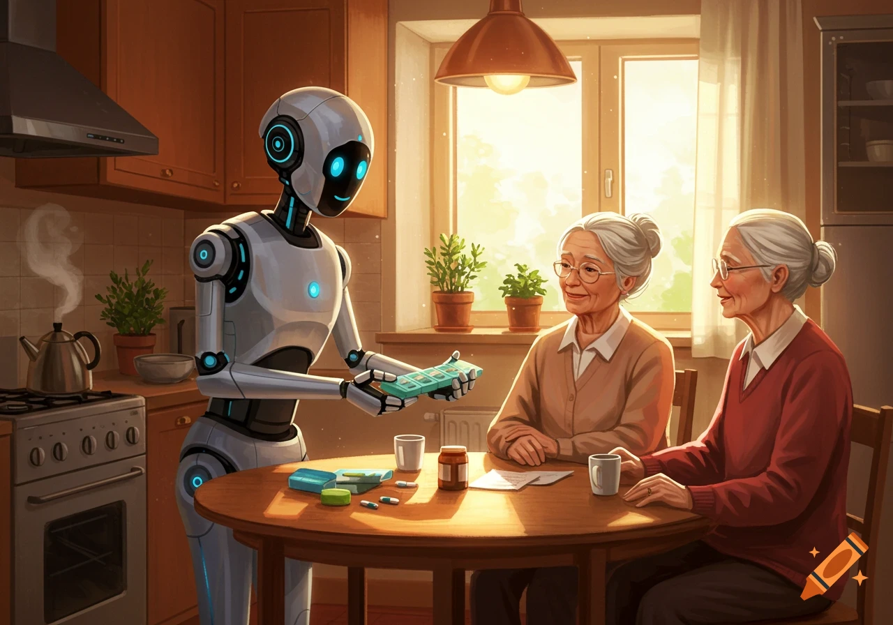 A robot offers a pill organizer to two elderly women seated at a table in a bright kitchen, with a kettle on the stove.