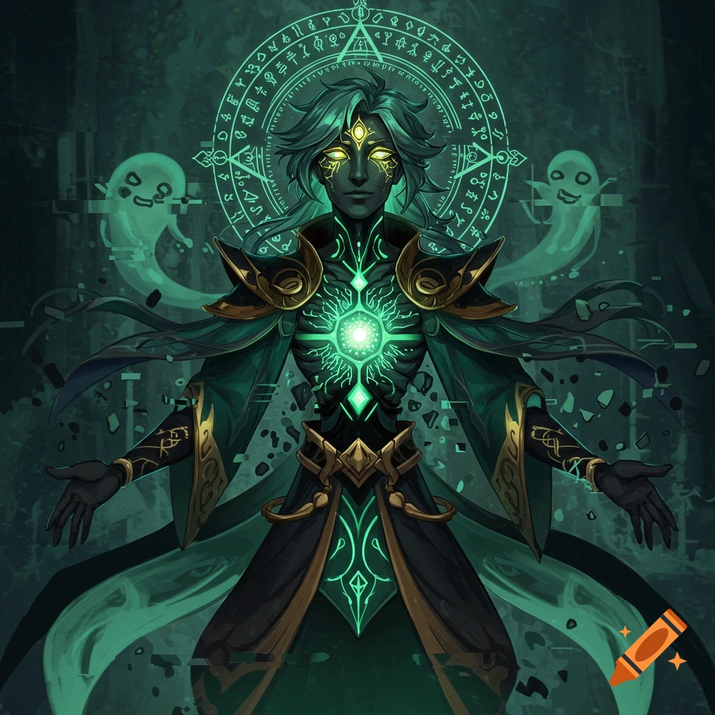 A dark-skinned, green-haired deity-like character with glowing gold eyes and chest, wearing ornate robes, surrounded by green digital glyphs and glitching effects.