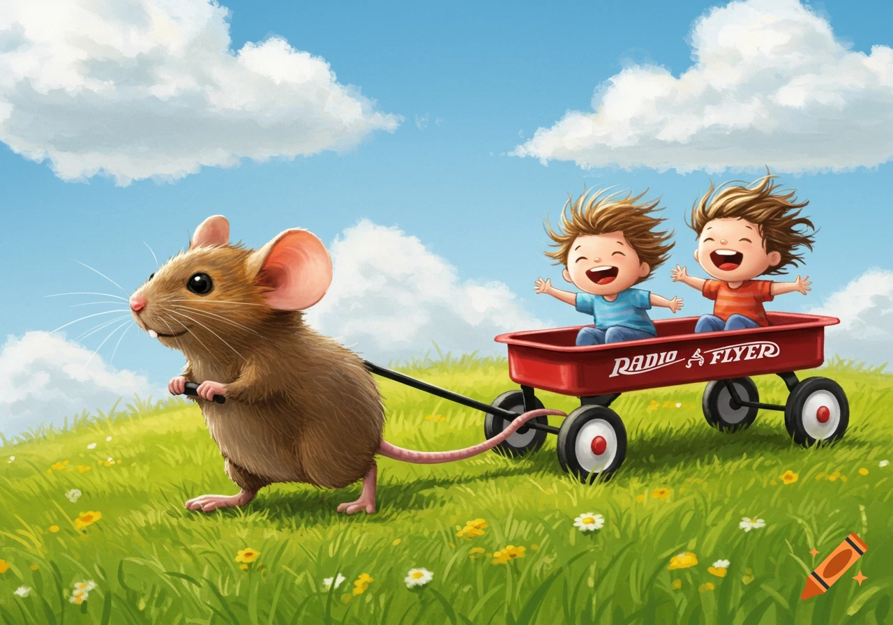 A cute brown mouse pulls a red wagon with two happy, cartoonish children across a grassy field under a blue sky.