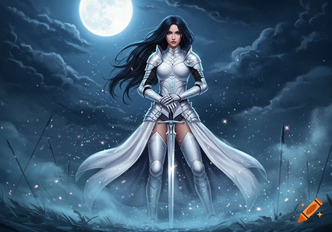 A young female warrior in shining white armor stands with a sword under a full moon in a mystical, dark landscape, digital art.