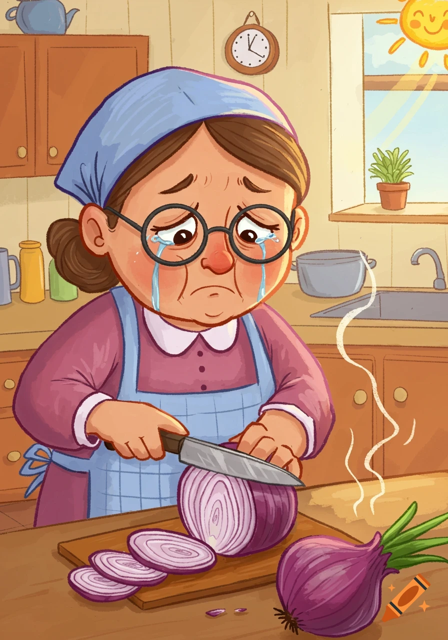 Cartoon illustration of an old woman crying while cutting red onions in a kitchen.