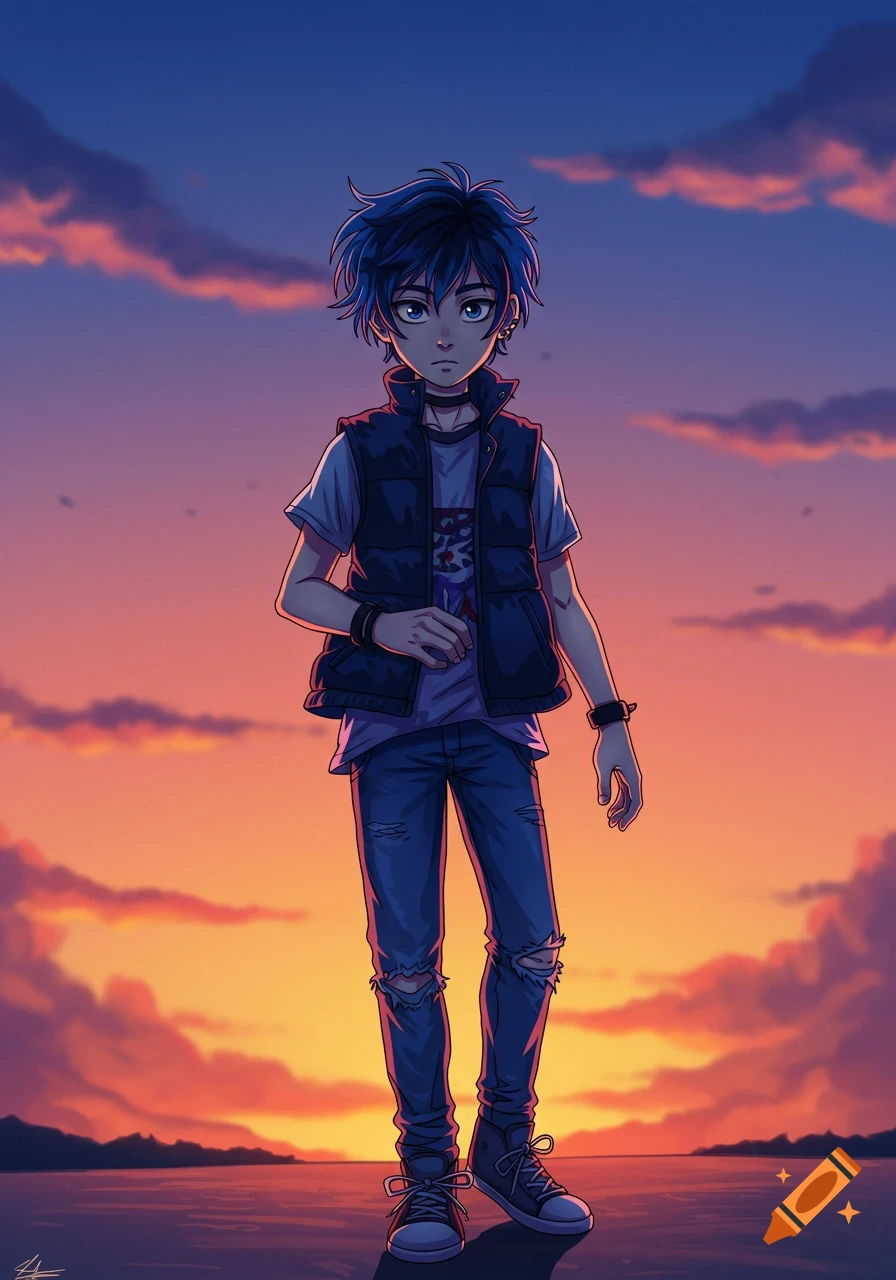 An anime teenage boy with blue hair, wearing a black vest and ripped jeans, stands against a vibrant orange and purple sunset sky.