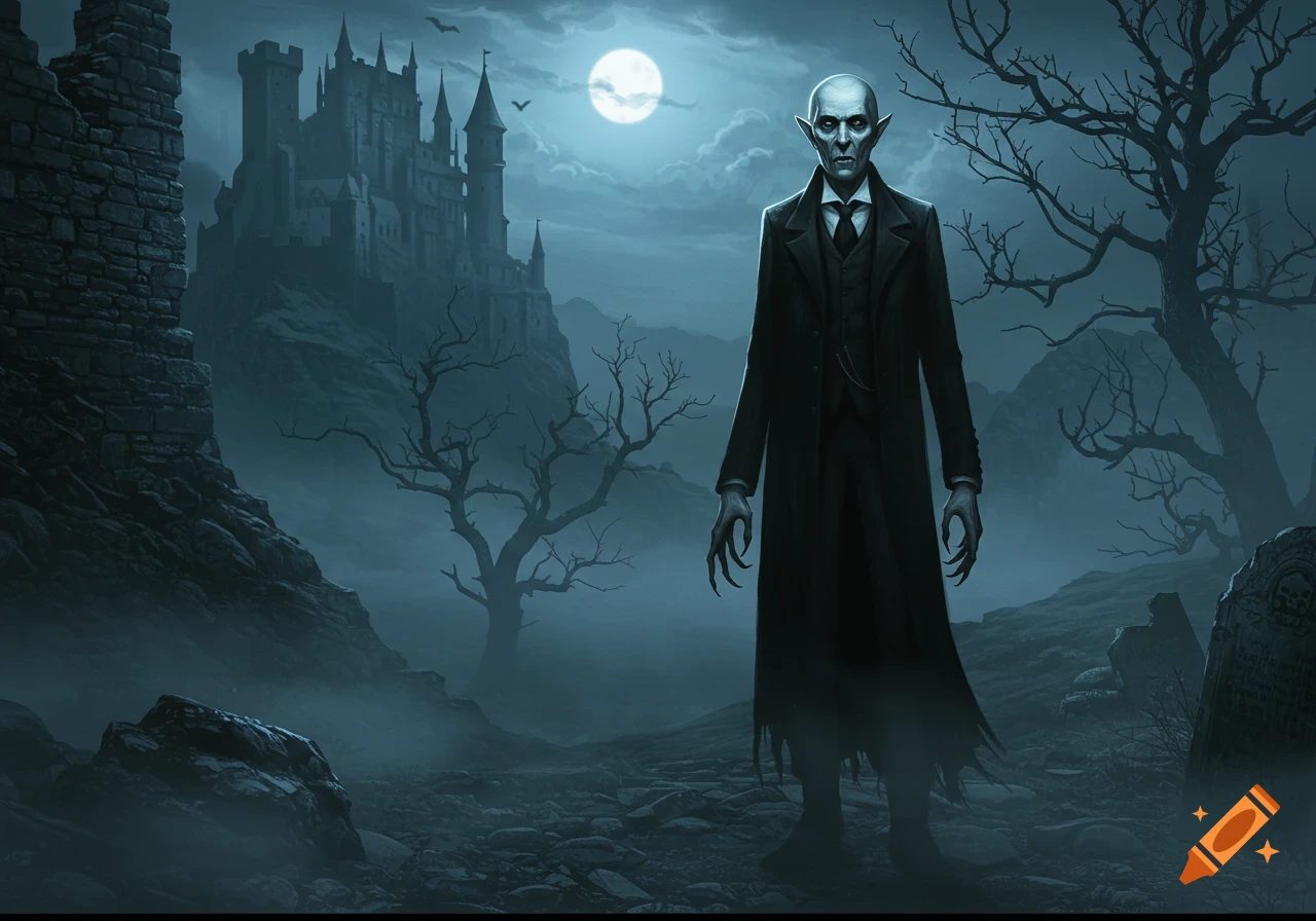 A gaunt vampire with clawed hands stands before a dark, ominous castle under a full moon in a foggy landscape.