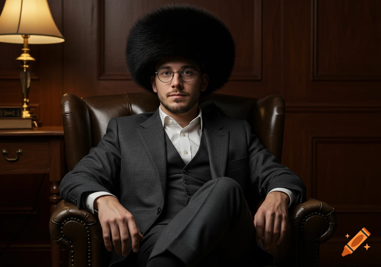 A man in a grey suit, round spectacles, and a large black fur hat sits in a leather armchair in a wood-paneled room.