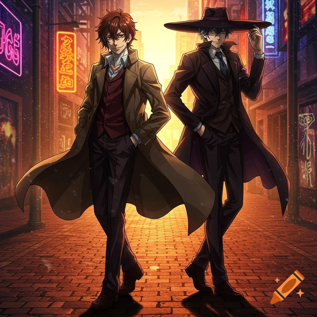 Two anime men in coats walk on a brick street in a city at sunset with neon signs in the background.