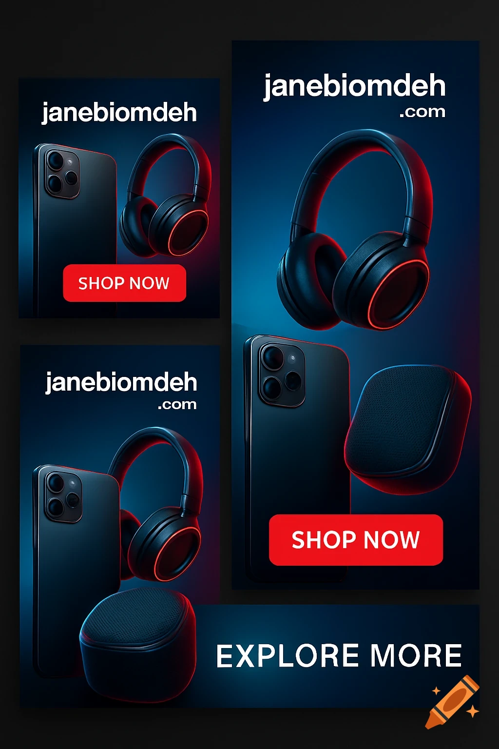 Promotional banner collage with black headphones, smartphones, and speakers, red and blue neon accents, text 'janebiomdeh.com', 'SHOP NOW', 'EXPLORE MORE'.