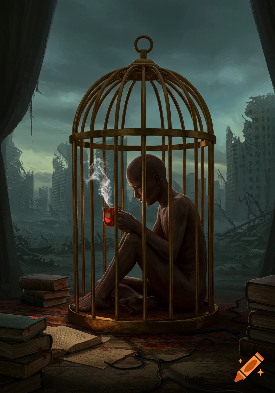 A bald figure sits nude in a golden birdcage surrounded by old books, holding a steaming mug, overlooking a ruined post-apocalyptic cityscape.