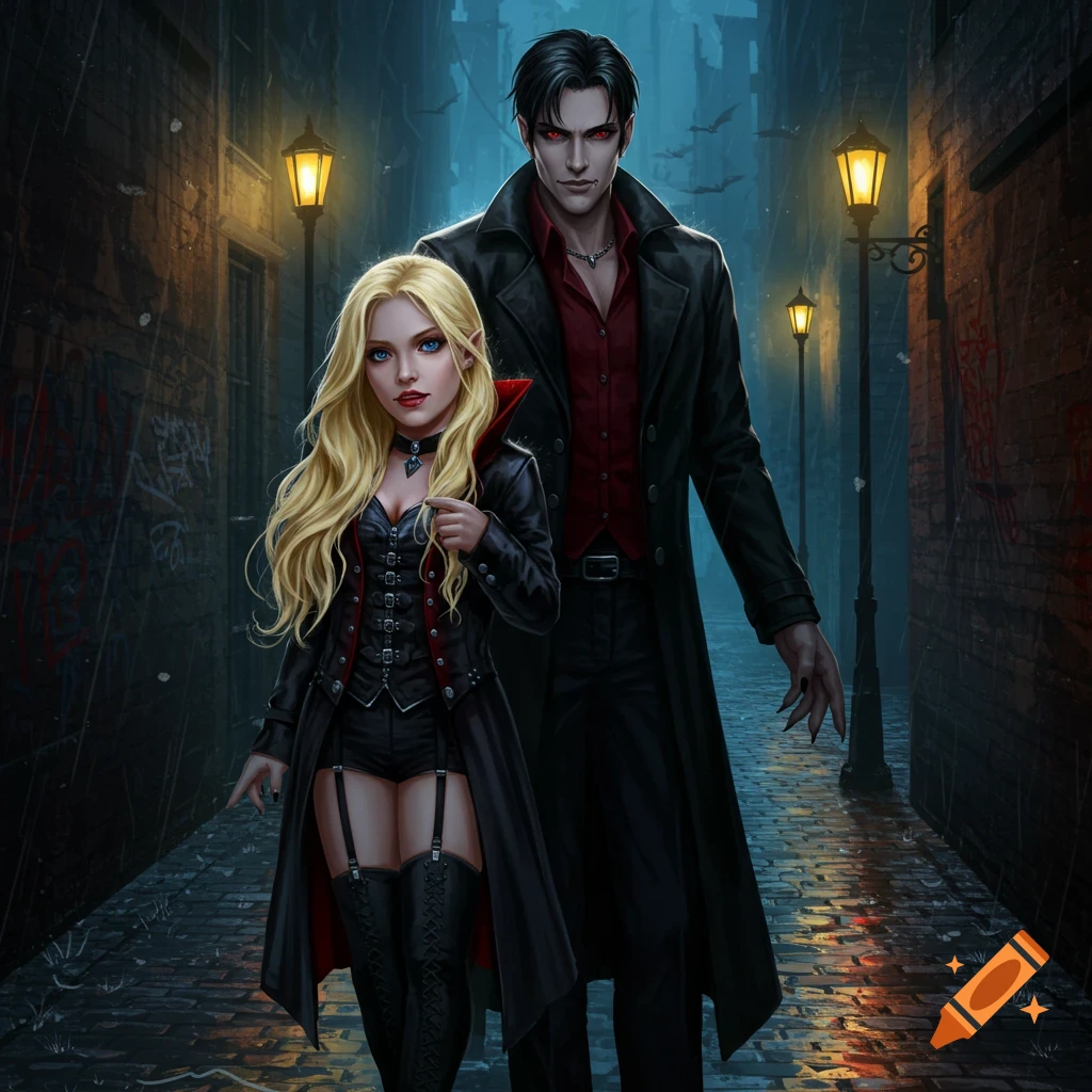 An illustrated blonde vampire woman in a black and red outfit walks with a tall, dark-haired male vampire with red eyes down a rainy alleyway at night.